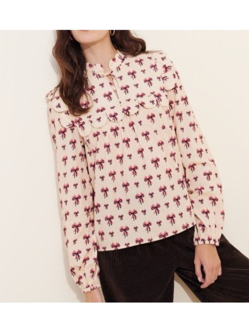 Stella Nova Bow Printed Tongue Blouse Vintage Chic Prairie Charming Womens M